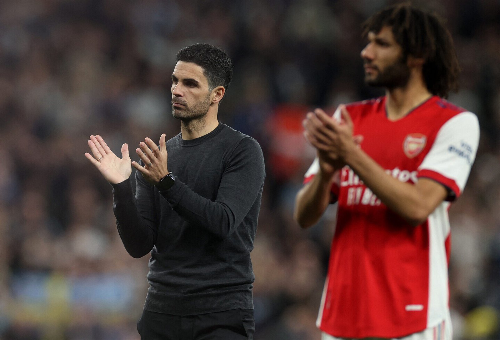 Mikel-Arteta-applauds-the-support-of-the-Arsenal-faithful-after-their-damaging-defeat-to-Spurs-in-the-Premier-League