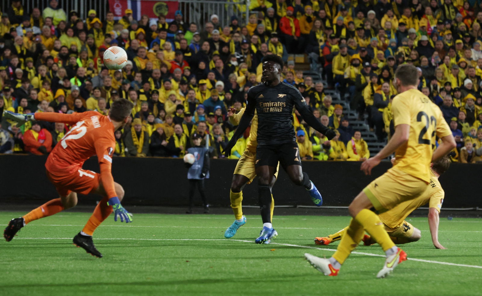 Arsenal's Bukayo Saka scores against Bodo/Glimt